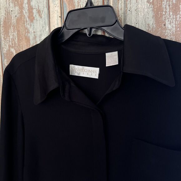 DANA BUCHMAN Button Down Black Dress Size 12 Satin Like Collar Cuffs Bottom Hem - Picture 2 of 14